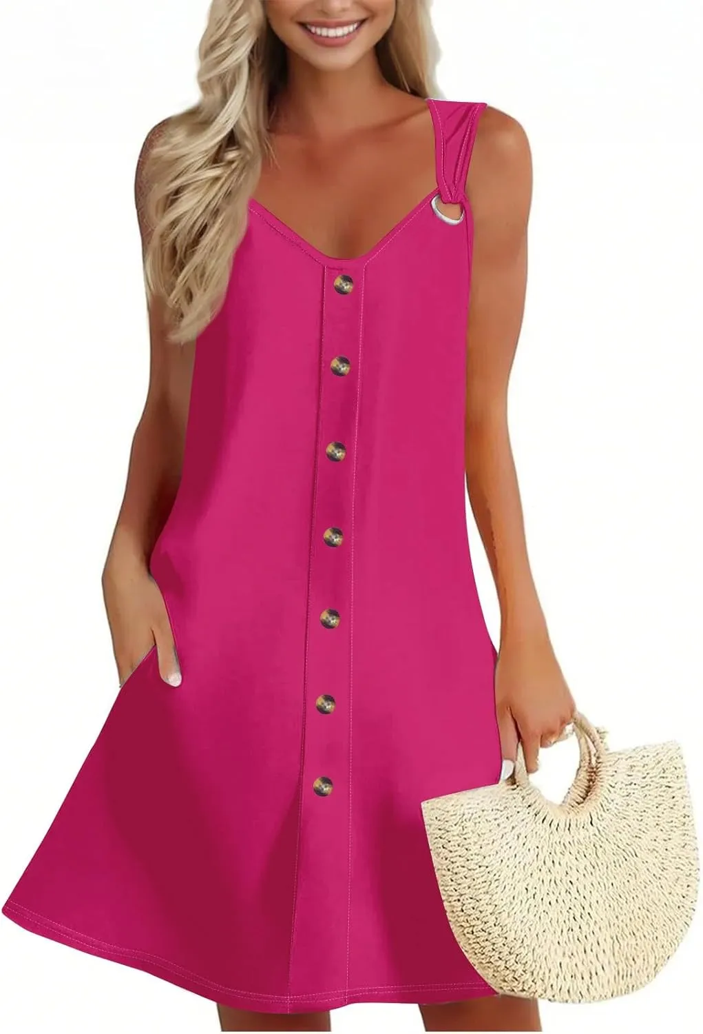 Sundress for Women Sleeveless Tank Dresses 2025 Vacation Plus Size Casual Button V Neck Boho Floral Beach Dress