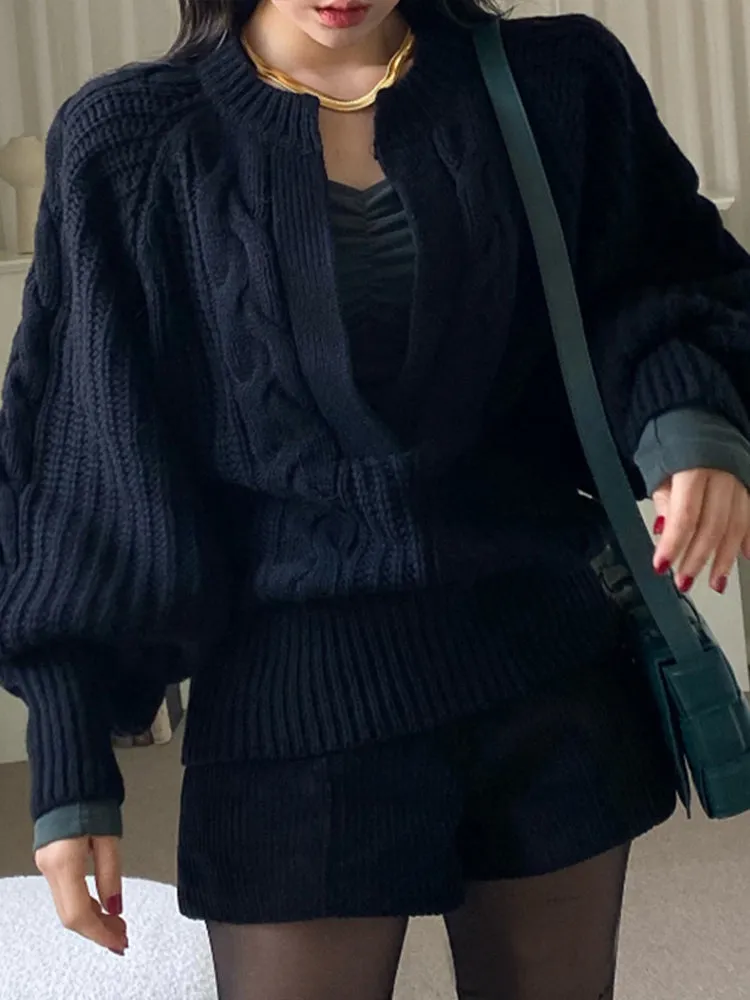 Twist Pattern Lantern Sleeve Knitted Sweater