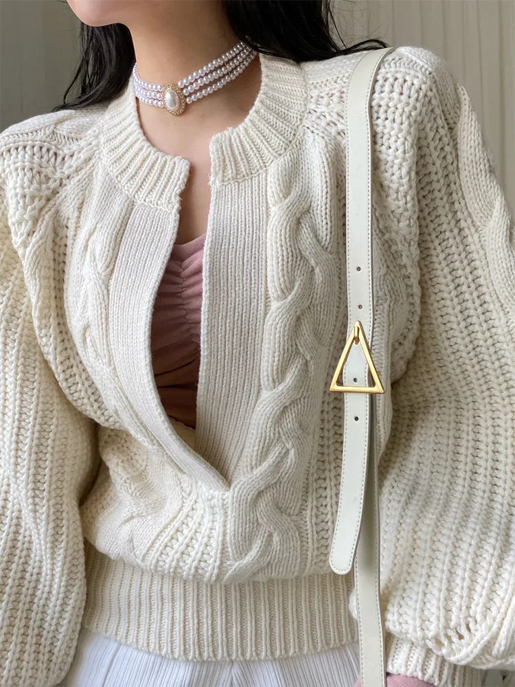 Twist Pattern Lantern Sleeve Knitted Sweater