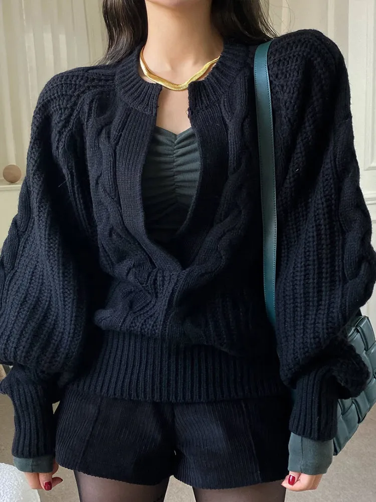 Twist Pattern Lantern Sleeve Knitted Sweater