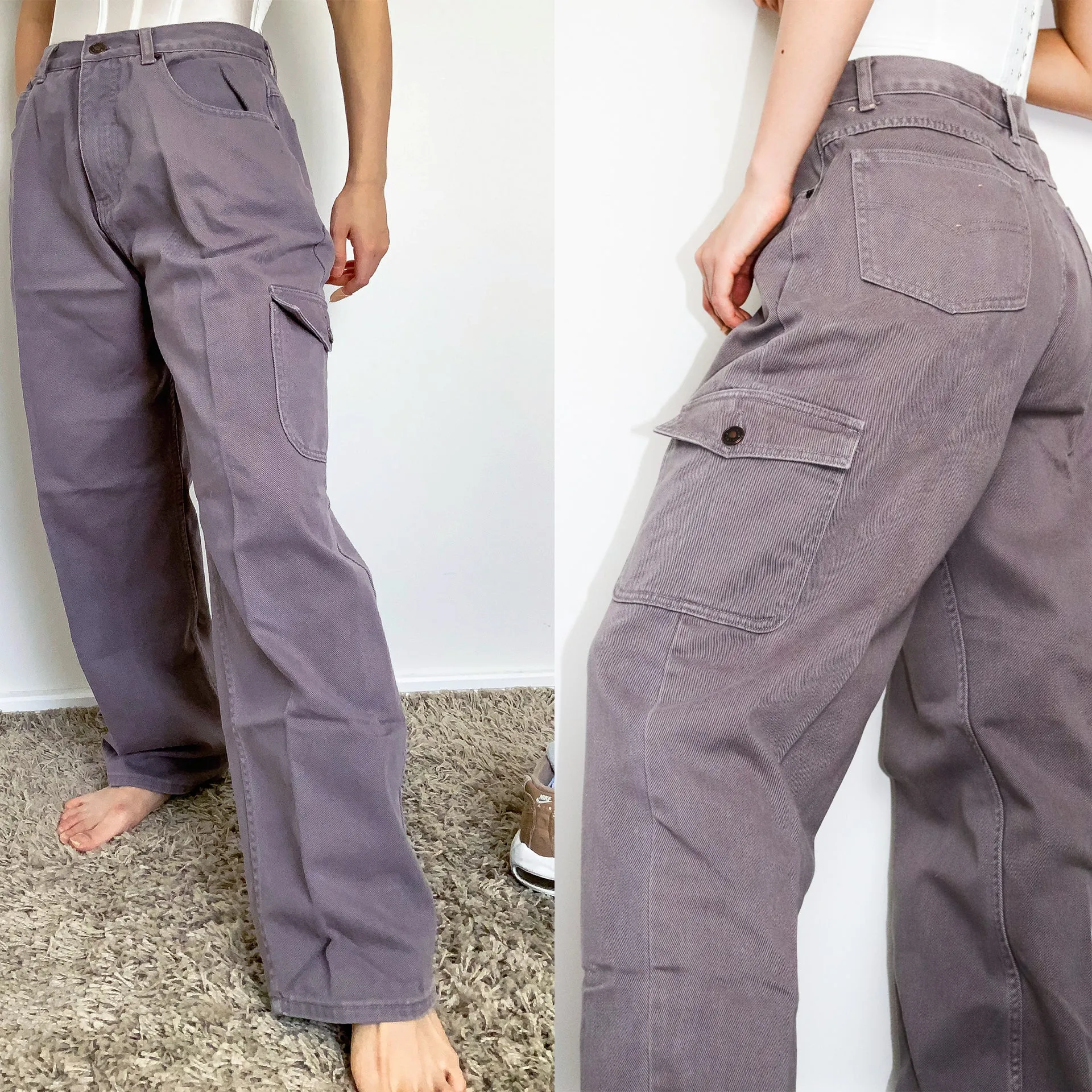 VINTAGE GREY SIDE POCKETS HIGH WAISTED CARGO PANTS TROUSERS