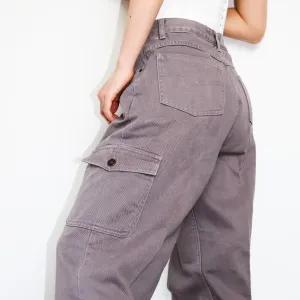 VINTAGE GREY SIDE POCKETS HIGH WAISTED CARGO PANTS TROUSERS