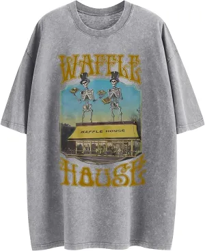 Waffle House Shirt Vintage Acid Wash Tshirt for Men Oversized Hip Hop Shirts Funny Skeleton Graphic Tees Tops Unisex