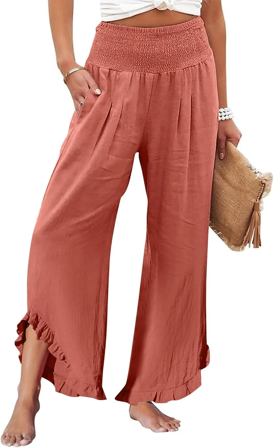 Wide Leg Pants Woman Flowy 2025 Summer Palazzo Trousers Dressy Cotton Linen Boho Long Pant Lounge with Pockets