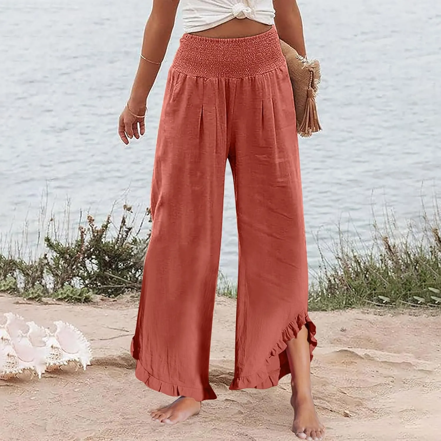 Wide Leg Pants Woman Flowy 2025 Summer Palazzo Trousers Dressy Cotton Linen Boho Long Pant Lounge with Pockets