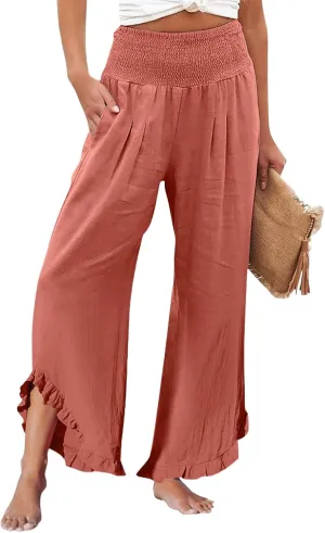 Wide Leg Pants Woman Flowy 2025 Summer Palazzo Trousers Dressy Cotton Linen Boho Long Pant Lounge with Pockets