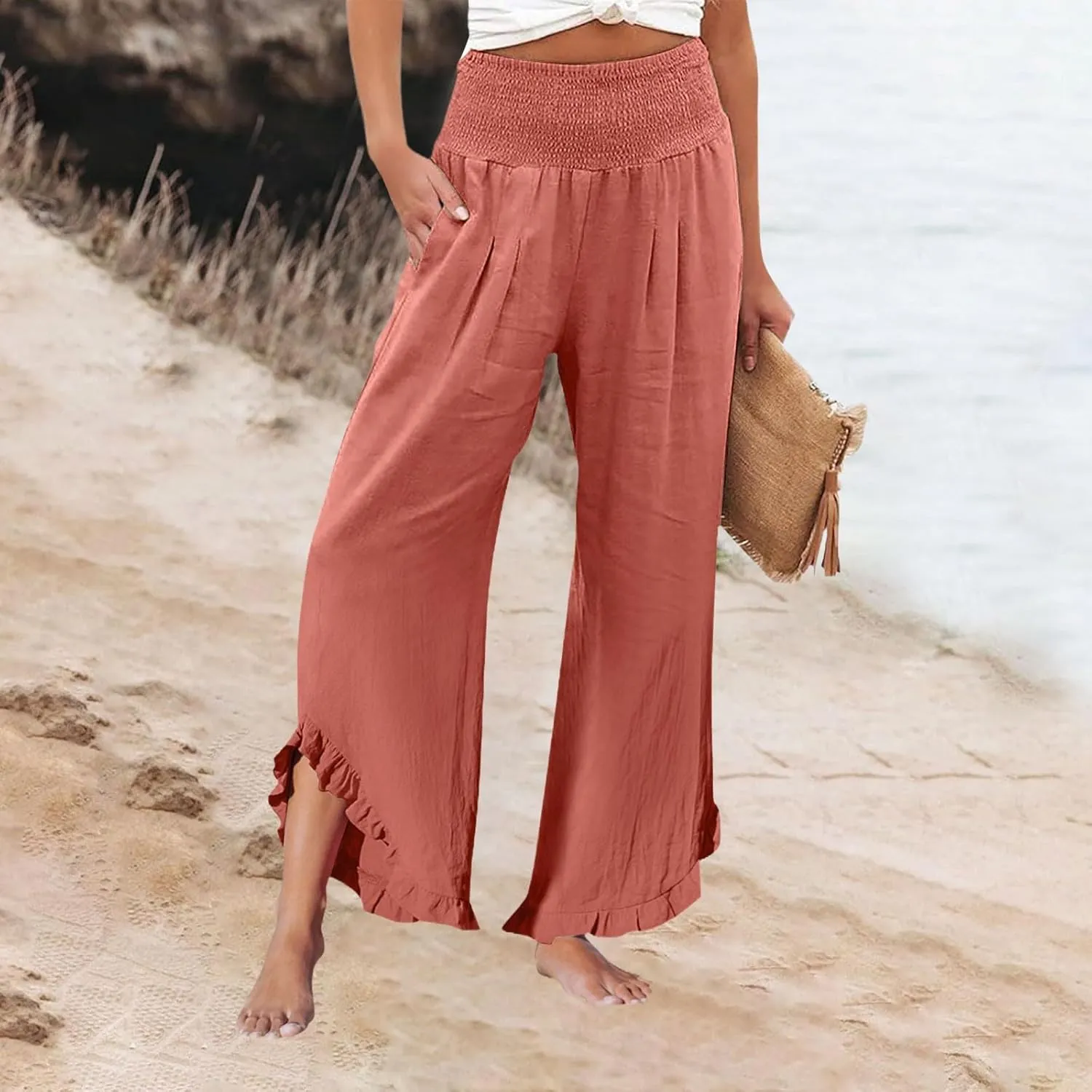 Wide Leg Pants Woman Flowy 2025 Summer Palazzo Trousers Dressy Cotton Linen Boho Long Pant Lounge with Pockets