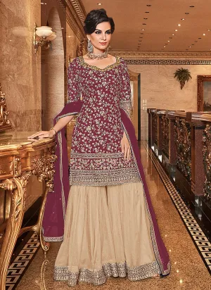 Wine and Cream Embroidered Gharara Palazzo Suit