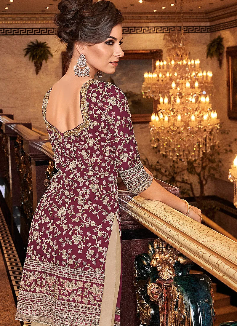 Wine and Cream Embroidered Gharara Palazzo Suit