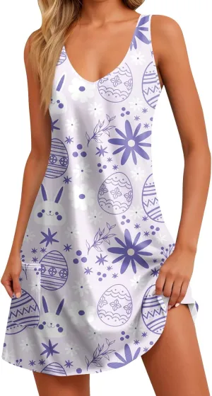 Women Summer Dresses Printed V Neck Sundress Sleeveless Casual Swimsuit Coverup Beach Vacation Dress with Pocket