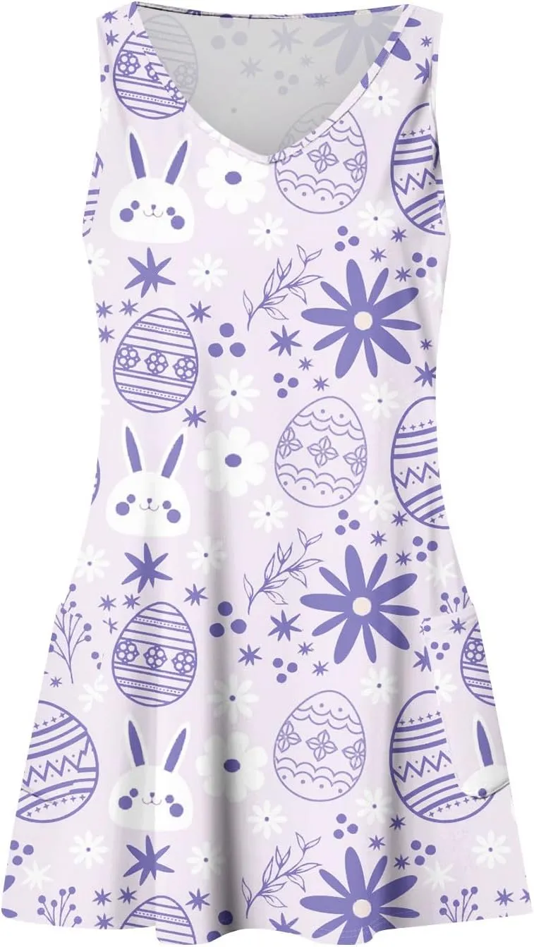 Women Summer Dresses Printed V Neck Sundress Sleeveless Casual Swimsuit Coverup Beach Vacation Dress with Pocket