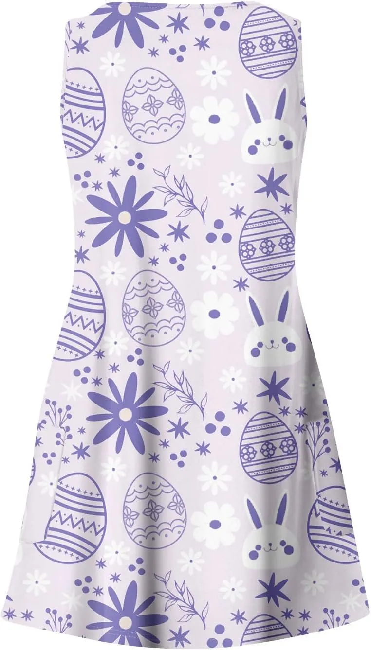 Women Summer Dresses Printed V Neck Sundress Sleeveless Casual Swimsuit Coverup Beach Vacation Dress with Pocket