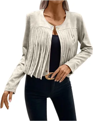 Women Vintage Tassel Cropped Jacket Faux Suede Long Sleeve Fringe Jackets Funny Motorcycle Biker Coat Trendy