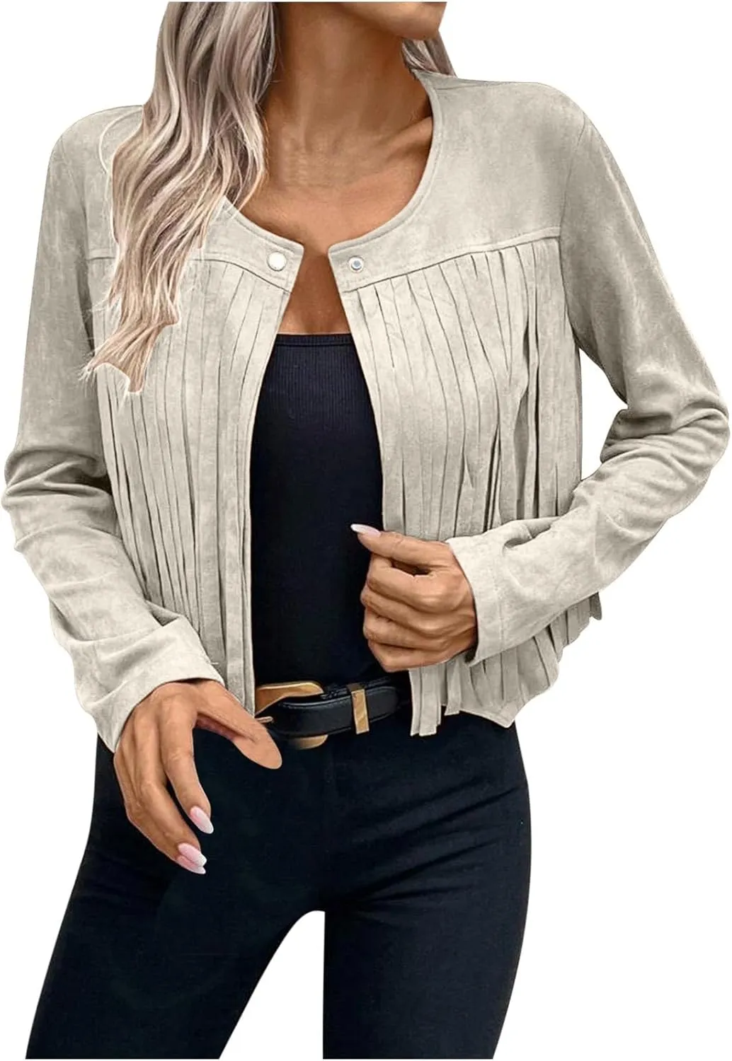 Women Vintage Tassel Cropped Jacket Faux Suede Long Sleeve Fringe Jackets Funny Motorcycle Biker Coat Trendy