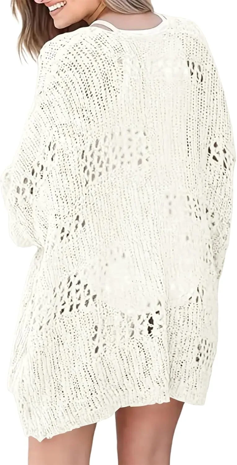 Womens Crochet Cardigan Sweater Summer Boho Long Sleeve Lightweight Soft Oversized Open Front Knitted Tops