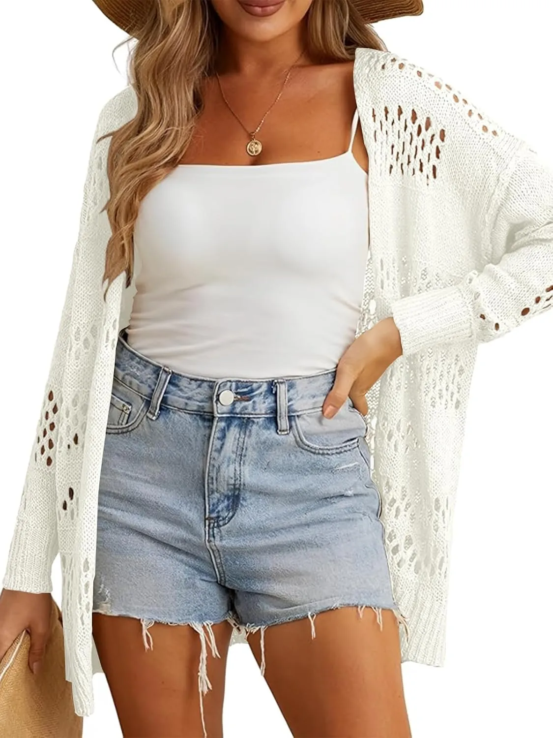 Womens Crochet Cardigan Sweater Summer Boho Long Sleeve Lightweight Soft Oversized Open Front Knitted Tops