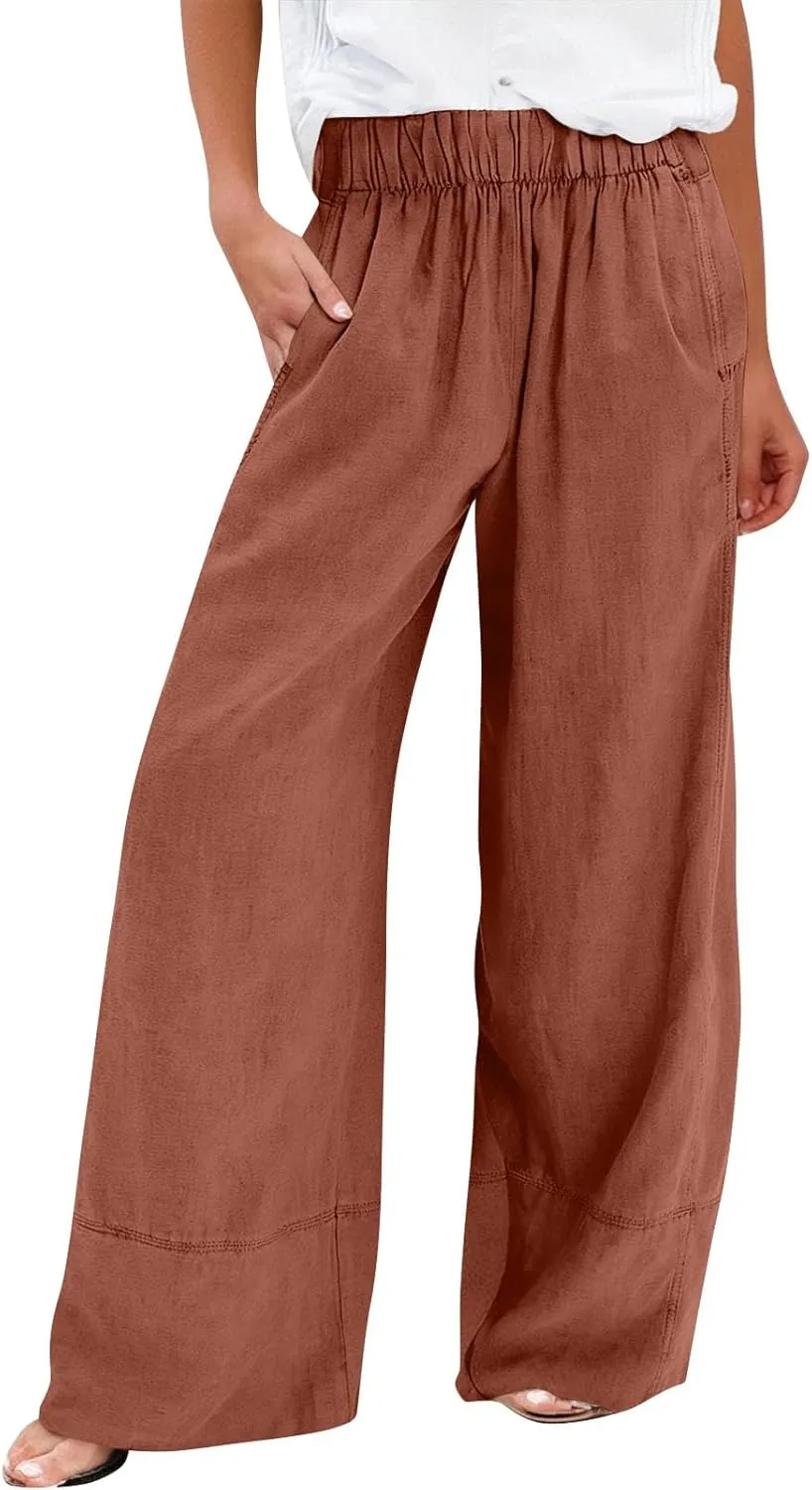 Womens Linen Pants Summer Wide Leg Pants High Waisted Flowy Palazzo Pant Boho Cotton Linen Beach Pants 2025