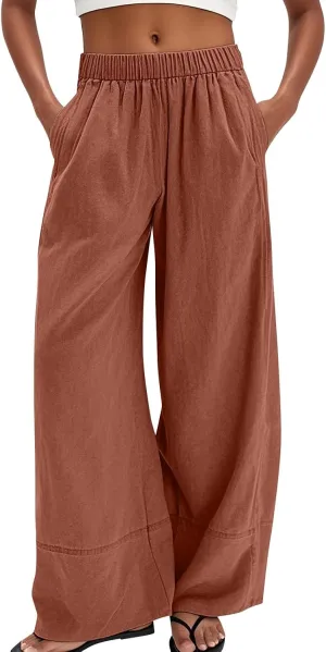Womens Linen Pants Summer Wide Leg Pants High Waisted Flowy Palazzo Pant Boho Cotton Linen Beach Pants 2025