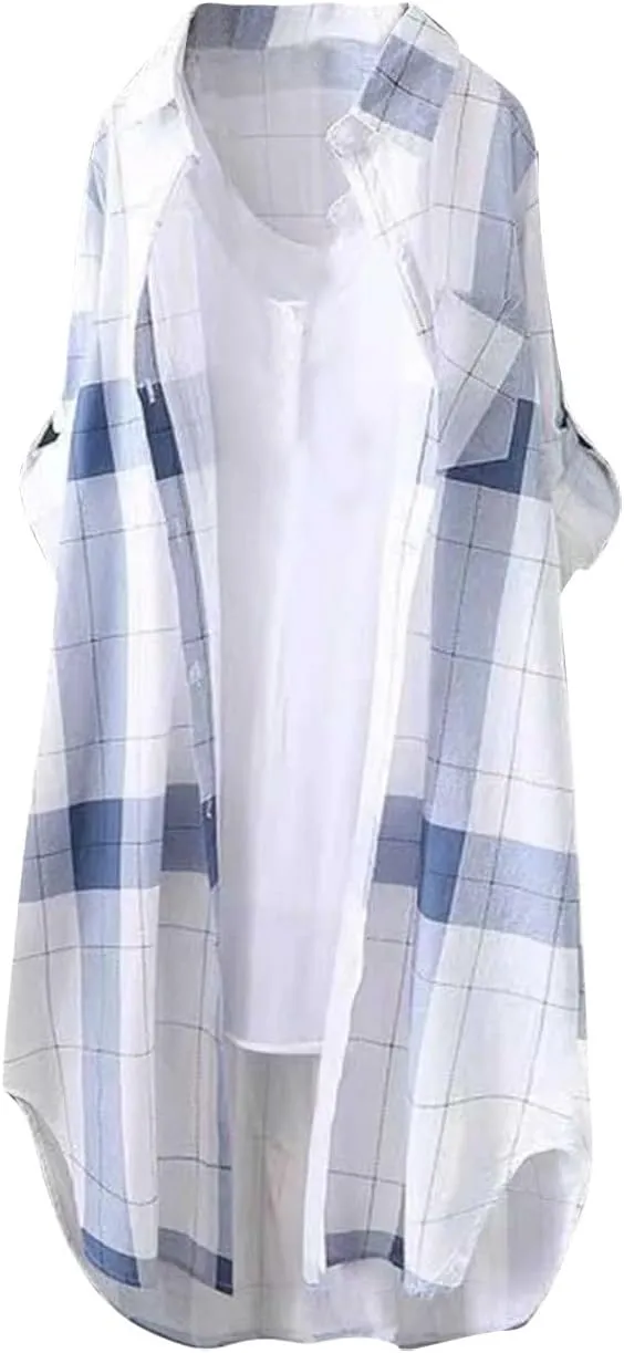 Womens Oversized Button Down Plaid Shacket Shirt Roll Up Long Sleeve Casual Boyfriend Tunic Blouse Top 2024 Fall