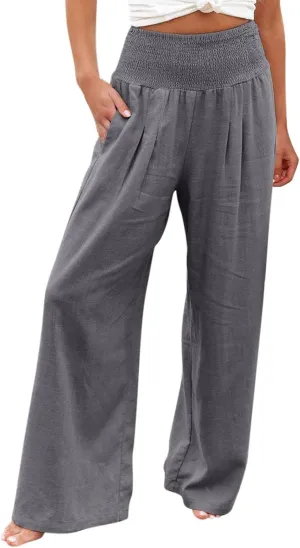 Womens Wide Leg Pants, Women Linen Palazzo Pants Summer Boho Wide Leg High Waist Casual Lounge Pant Trouser with Pockets