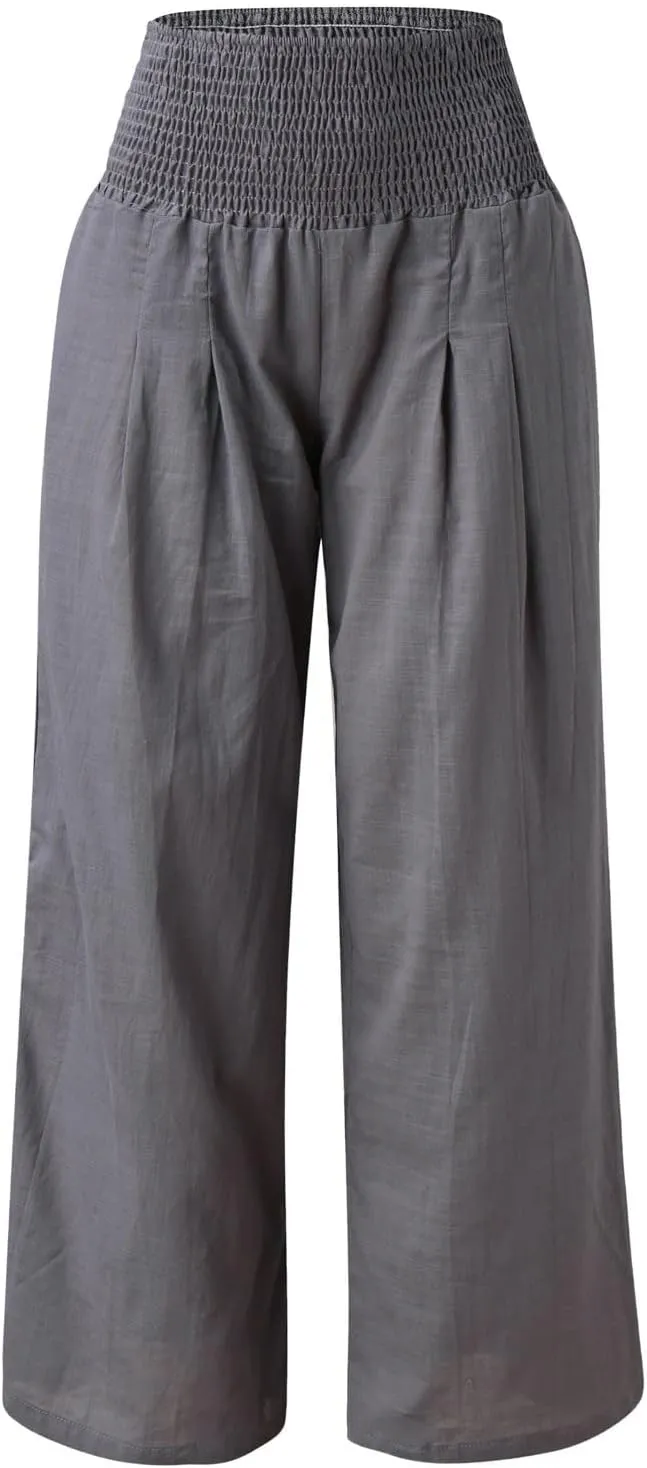 Womens Wide Leg Pants, Women Linen Palazzo Pants Summer Boho Wide Leg High Waist Casual Lounge Pant Trouser with Pockets