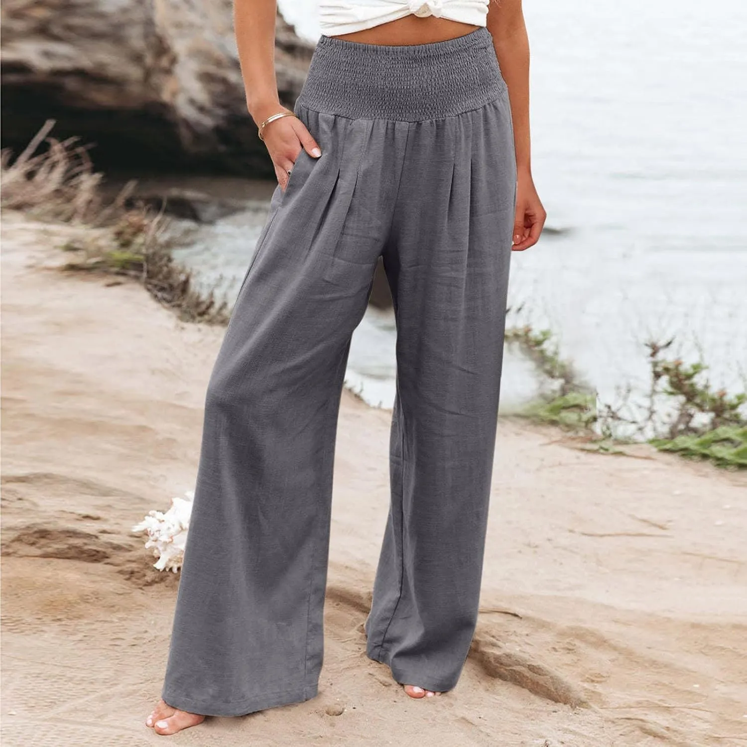 Womens Wide Leg Pants, Women Linen Palazzo Pants Summer Boho Wide Leg High Waist Casual Lounge Pant Trouser with Pockets