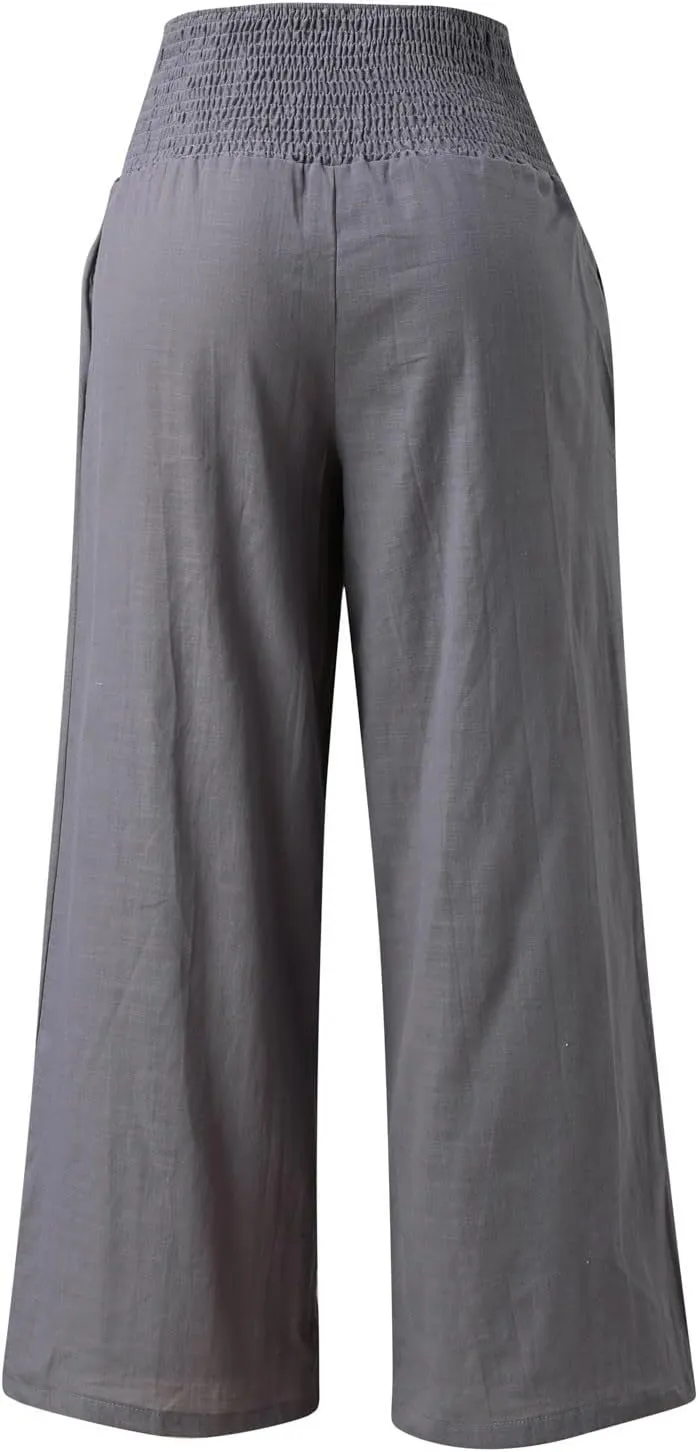 Womens Wide Leg Pants, Women Linen Palazzo Pants Summer Boho Wide Leg High Waist Casual Lounge Pant Trouser with Pockets